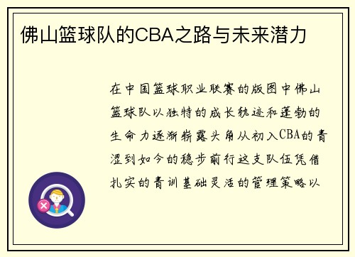 佛山篮球队的CBA之路与未来潜力
